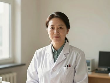 Serene portrait of a female Mongolian gynecologist in a sunlit clinic office, warm tones, professional and welcoming, shallow depth of field, 35mm