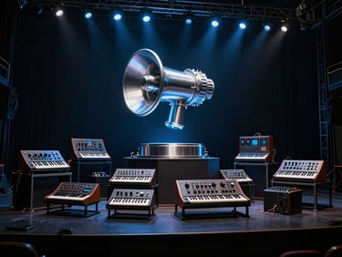 Wide environmental shot of a dark industrial stage, a glowing 3D metallic tokamat reactor icon hovering above modular synthesizer gear, cold blue strobe lighting, deep obsidian shadows.