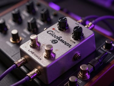 Extreme close-up of a dust-caked guitar pedal connected to a modular synthesizer patch bay with purple patch cables, low-key lighting with high-contrast violet strobes.