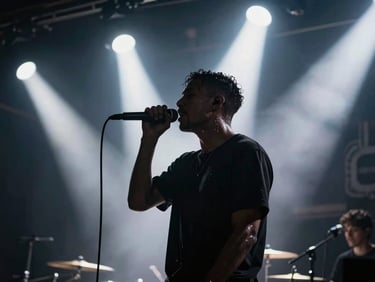Sweat-glistening silhouette of a musician performing live on stage against blinding white strobe backlights, deep shadows, high-contrast industrial aesthetic.