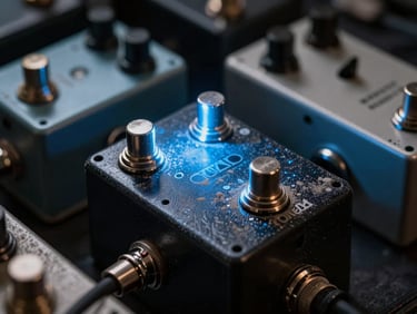 Extreme close-up of dust-caked guitar pedals and patch cables under a single cold blue strobe light, high-contrast