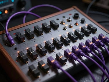Modular synthesizer patch bay with violet patch cables glowing under low-key studio lighting, extreme close-up