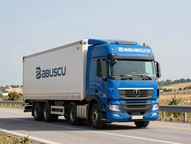 A modern clean Babuscu transport truck driving on a scenic highway between Turkey and Europe, bright daylight, professional editorial photography