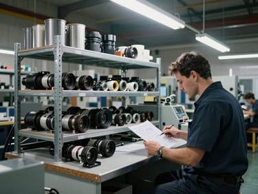 Interior of a packaging machinery workshop, spare parts organized on metal shelving units, a technician reviewing a schematic document at a workbench, fluorescent workshop lighting, industrial floor visible