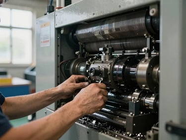 Documentary close-up of a technician's hands and forearms working on the internal mechanism of a large industrial packaging machine in an active production facility, grease and wear visible on components, natural light from a factory window to the left, metal shavings on the floor below