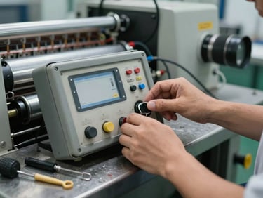 Close-up of a technician's hands adjusting a control panel on a packaging machine inside a working factory, tools visible on a worn metal surface nearby, ambient factory lighting, cables and mechanical components in background