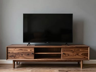 Vue frontale d'un salon minimaliste avec meuble TV suspendu en placage chêne et niches rétroéclairées.