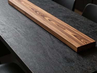Cuisine haut de gamme avec îlot central en laque mate sombre et détails d'assemblage en bois massif.