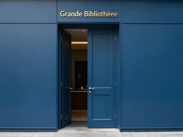 Grande bibliothèque murale bleu marine encadrant parfaitement une ouverture de porte, finitions mates.