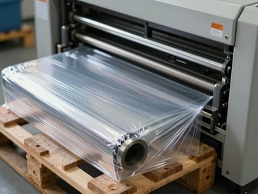 Close-up of an automatic wrapping machine wrapping a pallet with clear stretch film, high-definition, technical framing.
