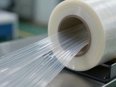Close-up high-definition macro photography of stretch film elasticity test, showing material tension and transparent texture under clean factory lighting, sharp focus