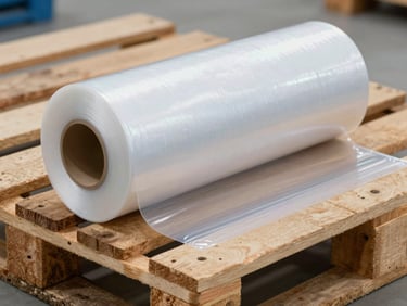 Manual stretch film roll being applied to a clean wooden pallet, focus on the elasticity and transparency of the film.