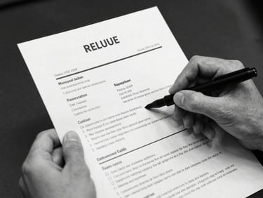 High-contrast black and white photograph of hands holding a printed resume, marking it with a black felt pen, sharp industrial lighting, 35mm documentary style