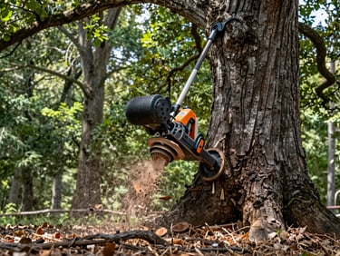 Low-angle action shot of a high-horsepower stump grinder carving below-grade into a massive oak stump, woodchips flying, bright natural daylight, 35mm
