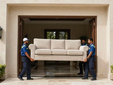 Professional uniform-clad movers carefully carrying a protected sofa through a wide villa doorway in Abu Dhabi.