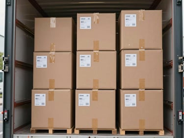 Neat rows of labeled, heavy-duty moving boxes stacked securely inside a clean, modern transport truck.