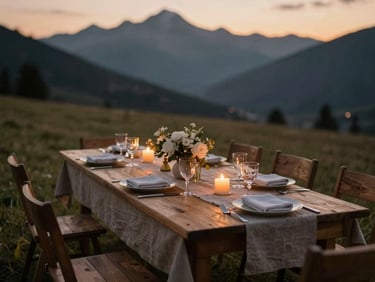 A long wooden table elegantly set with linen and iron in a dramatic mountain meadow at twilight, soft glowing candles