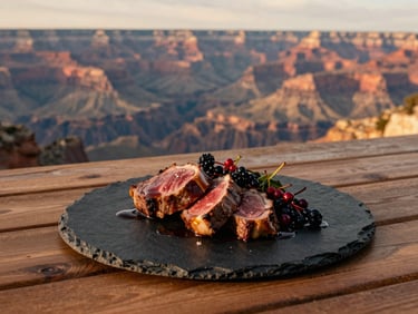 A beautifully plated dish with roasted venison and wild berries, resting on a dark slate plate on a wooden table, canyon backdrop.
