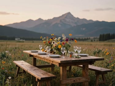 A long rustic table in a wild Colorado meadow, set with fine glassware and local wildflowers, soft twilight lighting, mountains in the background.