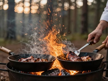 Close-up of a chef cooking over open embers in a pine forest, glowing orange sparks rising, cast iron skillets with seared meats.