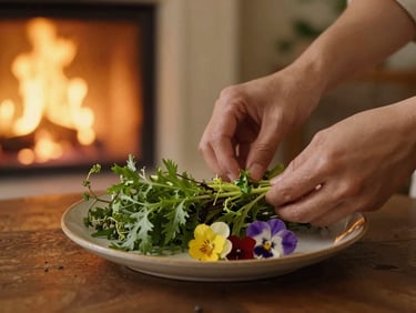 Hands carefully arranging fresh local greens and edible flowers on a ceramic plate, warm side lighting from a nearby hearth