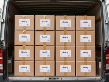 Neatly labeled heavy-duty boxes stacked systematically inside a clean, well-lit moving truck, secure strapping visible, high-contrast daylight.