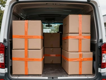 The clean interior of a liveried moving truck with neatly stacked, labeled heavy-duty moving boxes secured with orange cargo straps