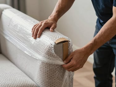 Close-up of a professional mover wrapping a sofa arm in thick protective bubble-wrap and heavy-duty cardboard edging under bright daylight