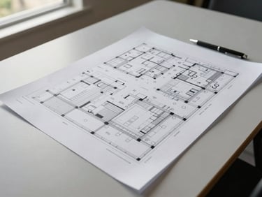 Overhead view of a large-format printed floor plan spread on a plain conference table under window light, a pen resting at the corner, clean architectural line work visible, no hands or people in frame — natural daylight from the left