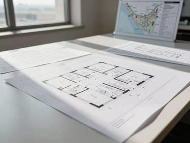 Wide interior view of a commercial property floor plan spread across a large desk under north-facing window light, pencil annotations visible on printed sheets, a UAE district map pinned to a board in the background, natural daylight casting clean shadows across the documents — no people, no staging