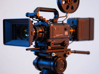 Extreme close-up of a high-end cinema camera rig in a white studio, sharp shadows, electric blue and orange gel lighting, 35mm