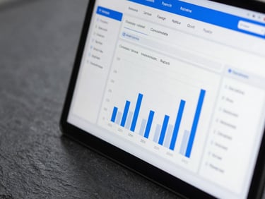 Macro shot of a clean digital analytics dashboard displaying high-performing conversion metrics, cool studio lighting, slate and electric blue tones, 50mm