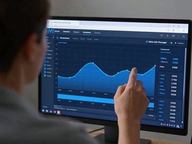 Tight over-the-shoulder view of a specialist analyzing high-contrast Meta Ads Manager graphs, sharp focus, slate and electric blue tones, 50mm