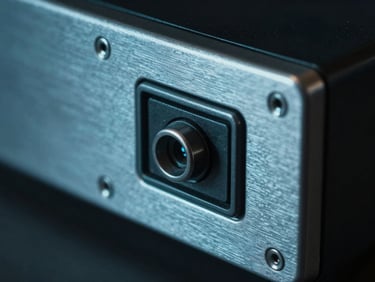 Abstract close-up of physical security key interface, brushed steel chassis reflecting cool blue light, sharp angles, dark background, 35mm