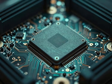 Macro close-up of high-performance server motherboard, cool teal LED lighting, focus on copper traces, dark ambient shadows, shallow depth of field, 35mm