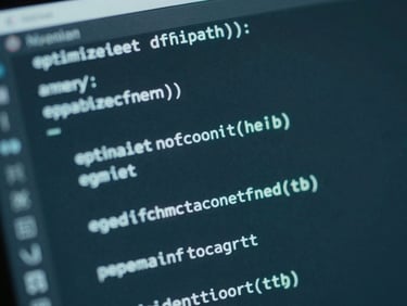 Clean terminal interface on a dark screen displaying optimized code, soft blue glow, macro angle showing glass reflection, shallow depth of field