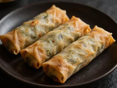 Macro shot of delicate spring rolls, elegantly arranged on a dark ceramic plate, moody low-key side lighting, deep shadows, warm gold and charcoal tones