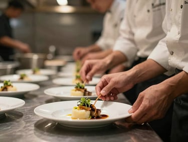Close-up of a professional restaurant kitchen team collaborating in harmony, warm ambient lighting, focus on chef hands plating an elegant dish.