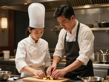 A mentor guiding a young chef in a beautifully lit, high-end restaurant kitchen, focus on the supportive gesture, warm ambient lighting