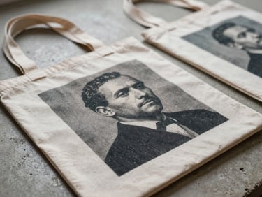 Close-up detail of a limited-edition printed tote bag laid flat on a concrete surface under diffused window light—the collaboration artifact itself. The weave texture and ink saturation visible. A second bag out of focus behind it, suggesting production run.
