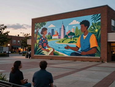 Wide environmental shot looking across a community plaza at dusk, a large-format printed mural installed on a brick wall to the right third of frame—the collaboration output itself, vivid but not posed. Overcast natural light softening the scene. Two people in the foreground mid-conversation, backs to camera, scale giving the mural its size.