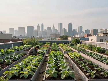 Wide-angle view of an urban rooftop farm in overcast morning light, raised beds stretching toward a city skyline in the soft background. A person in work clothes crouches to inspect a plant in the foreground left, scale making the farm feel genuinely large. No posed moments, no eye contact with camera.