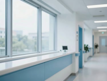 Bright clinical corridor with natural window light, modern hospital reception area, professional and clean blue and white tones