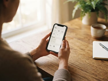 Over-the-shoulder shot of hands holding a mobile phone displaying a minimalist home organization app, warm morning light filtering through a window, wooden table surface, soft focus, 35mm film.