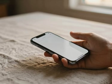 A close-up of a hand resting on a light linen tablecloth, holding a phone with a simple, high-contrast text interface, warm golden hour lighting, shallow depth of field.