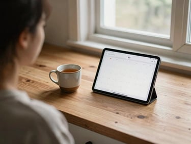 An over-the-shoulder view of a rustic wooden kitchen counter, a tablet displaying a clean calendar interface next to a ceramic mug of warm tea, soft natural window light.