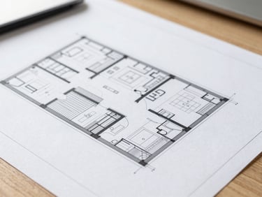 Macro detail of a clean architectural blueprint on a wooden desk, bright natural daylight, sharp focus, 35mm lens