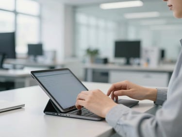 Close-up of hands typing on a tablet in a clean, modern manufacturing office, bright natural daylight, muted corporate tones