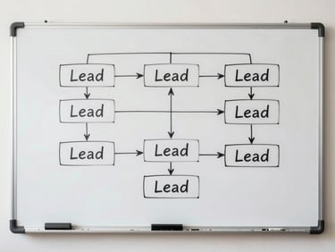 A physical whiteboard with a neatly drawn flow chart of lead routing, bright natural daylight, sharp focus, 35mm lens