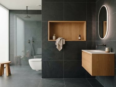 Wide shot of a minimalist, architectural bathroom with natural light, focusing on perfectly aligned large format tiles and a recessed niche, clean slate and warm oak tones, sharp focus, 35mm.